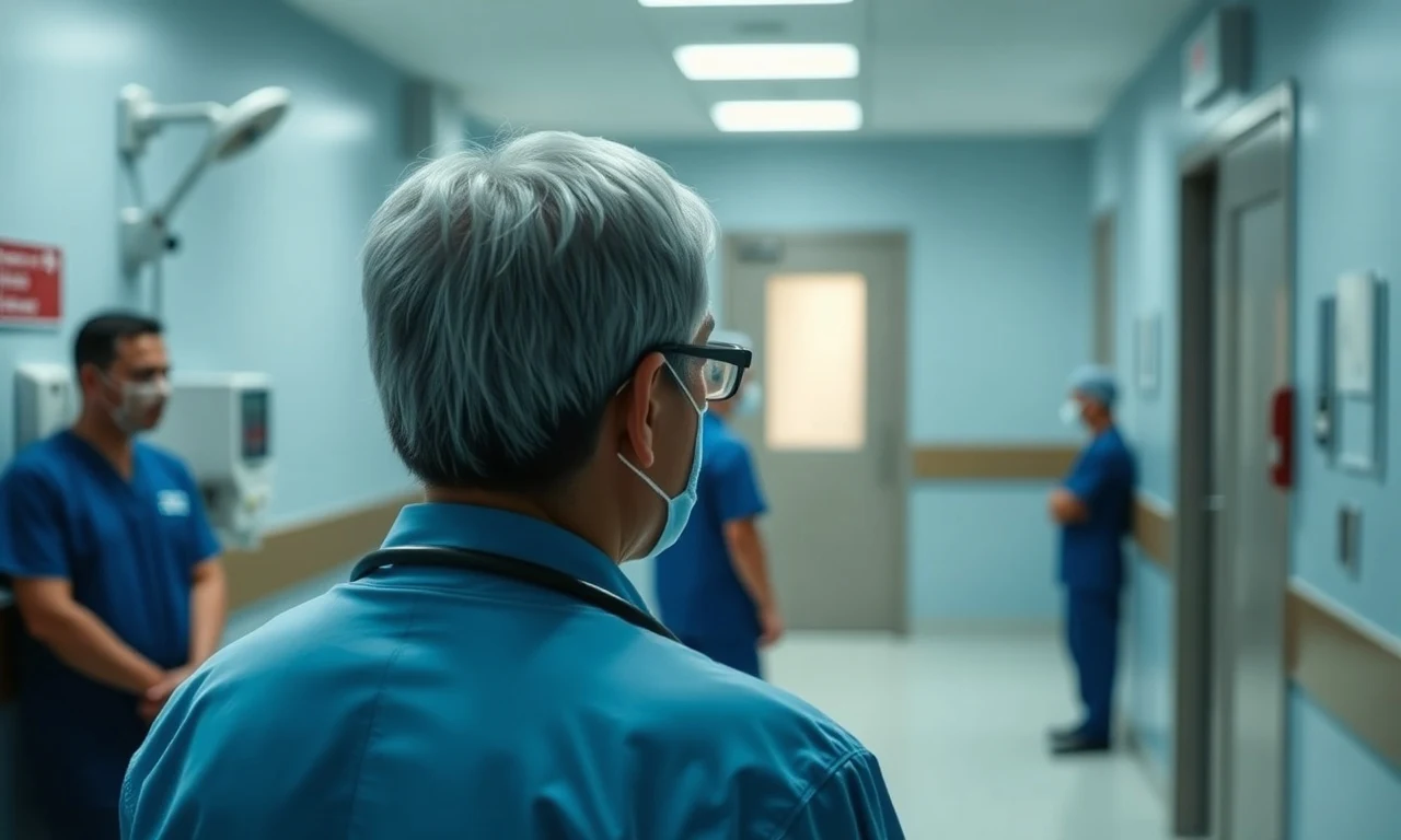 Médico residente trabalhando em ambiente hospitalar analisando direitos de cobrança de auxílio moradia do médico residente