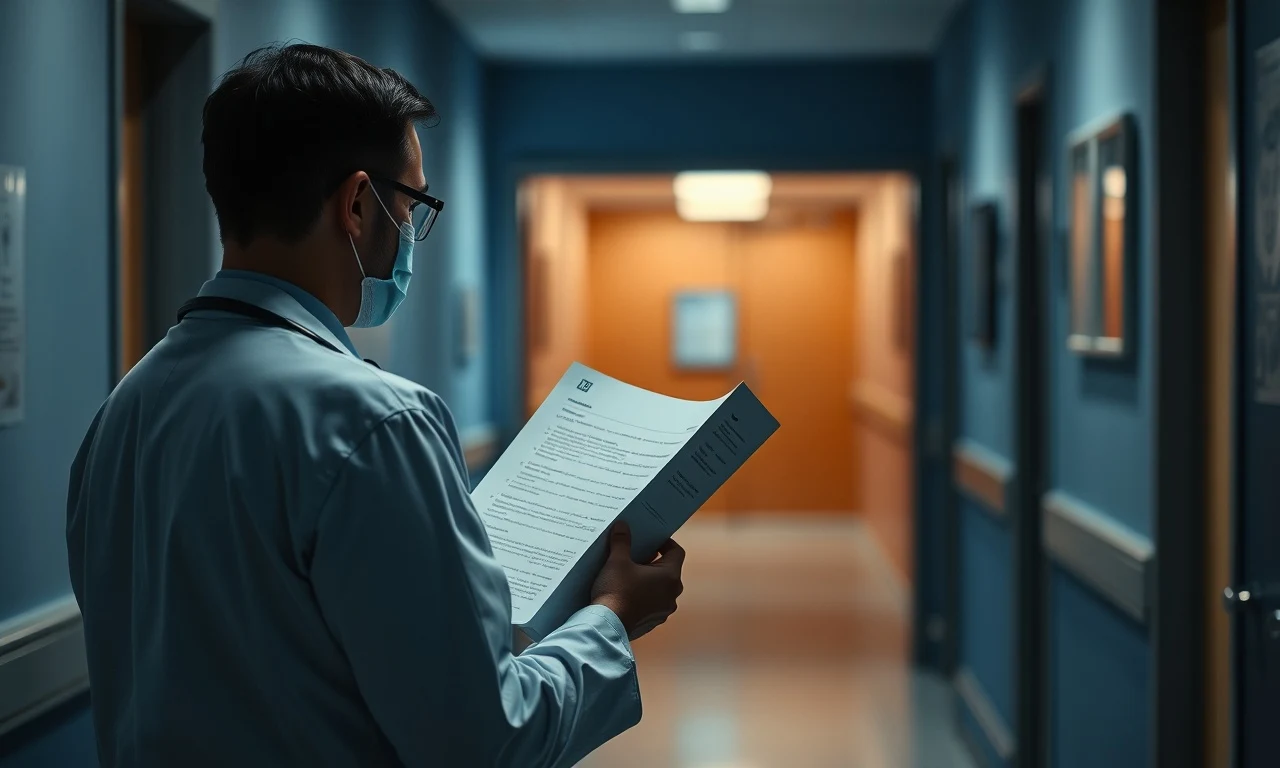 Médico em seu consultório analisando prontuário para defesa em sindicância médica no CRM