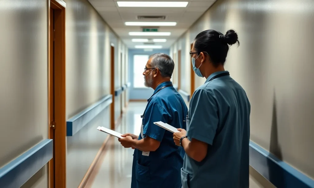 Médico residente caminhando em corredor hospitalar analisando direito ao auxílio-moradia na residência médica